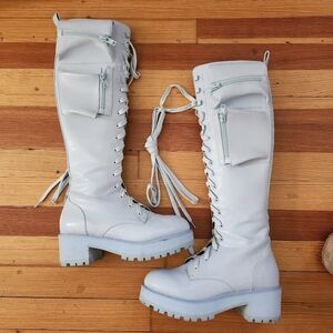 Dolls Kill Sugar Thrillz Light Baby Blue Lace-Up Knee-High Rave Combat Boots